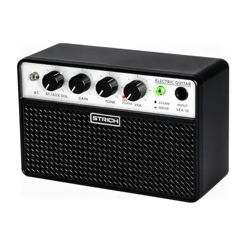 STRICH 2 x 5 W Mini Amplificateur de Guitare - Amplificateur de Pratique pour Guitare Électrique Portable et Rechargeable avec Canaux Net et Distorsion, Sortie Casque 1/8 pour Débuteurs, Noir