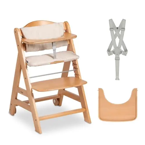 hauck Chaise Haute Bébé Evolutive Beta+ en Bois 6 Mois à 90 kg – Avec Roulettes, Coussin, Plateau Repas, Arceau de Sécurité, Harnais 5 Points et Sangle d’Entrejambe - Naturel