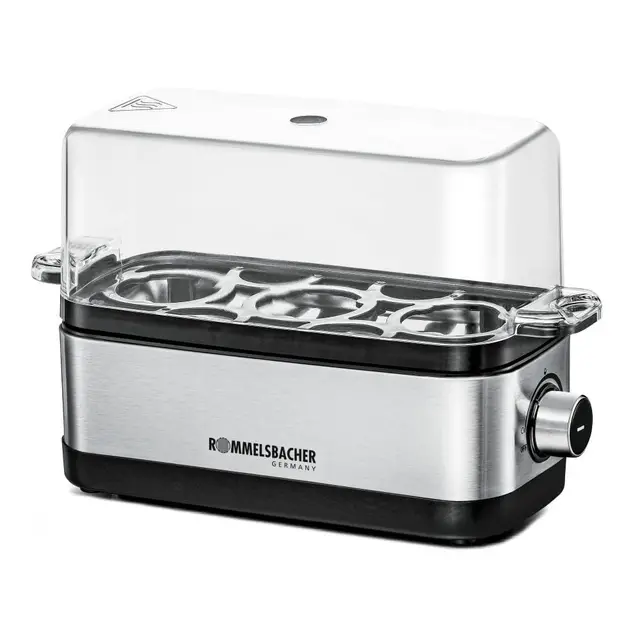 ROMMELSBACHER Cuiseur à œufs ER 300 - Pour 1 à 3 œufs - Dureté réglable - Surveillance électronique du temps de cuisson - Bol chauffant en acier inoxydable - Verre doseur avec pic Eipick - Enrouleur