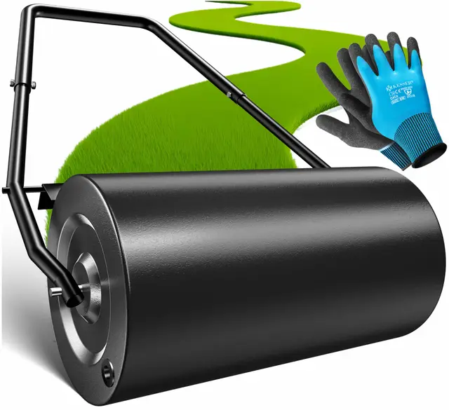 KESSER Rouleau à gazon en métal à remplir avec de l'eau ou du sable avec un volume de remplissage de 48 litres et 60 cm de large - Rouleau de jardin avec gants - Noir