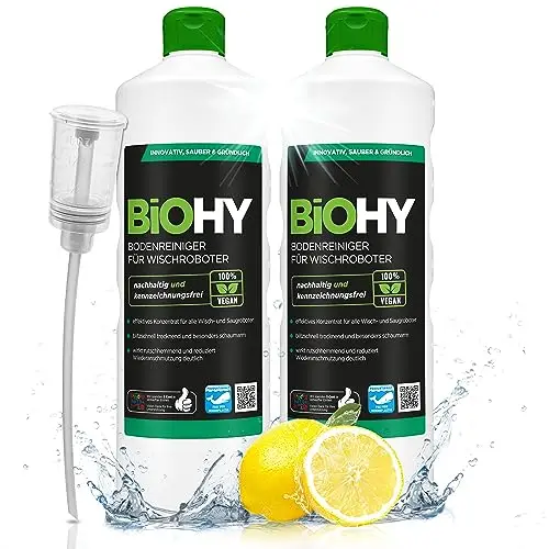 BiOHY Nettoyant de sol pour robot aspirateur laveur (2 x 1l Bouteille) + Distributeur | concentré pour tous les robots d'essuyage et d'aspiration à fonction humide (Wischroboter Frisch)