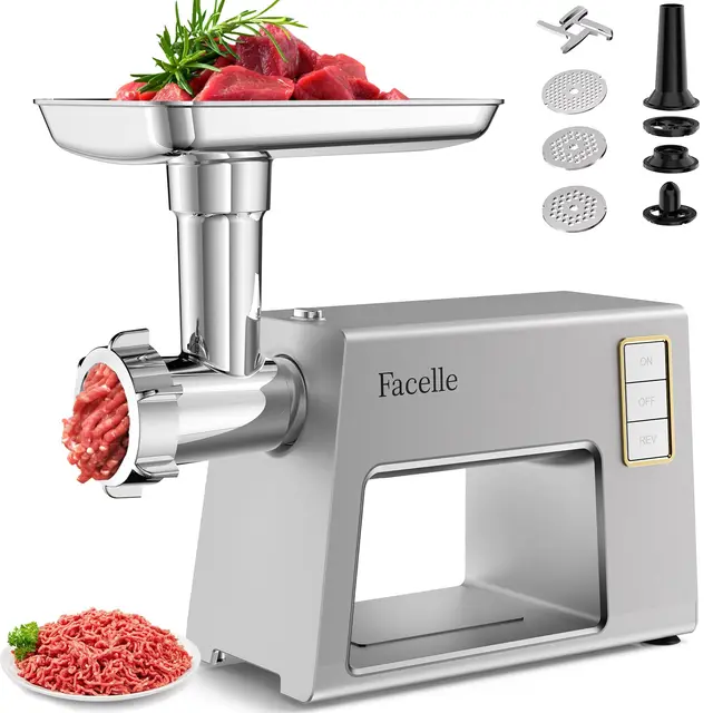 Facelle Hachoir a Viande, 2000W Hachoir Electrique avec 3 grilles en acier inox, Kubbe et tubes de Remplissage de Saucisses, hachoir pour hamburgers, kibbehs et nourriture pour chiens