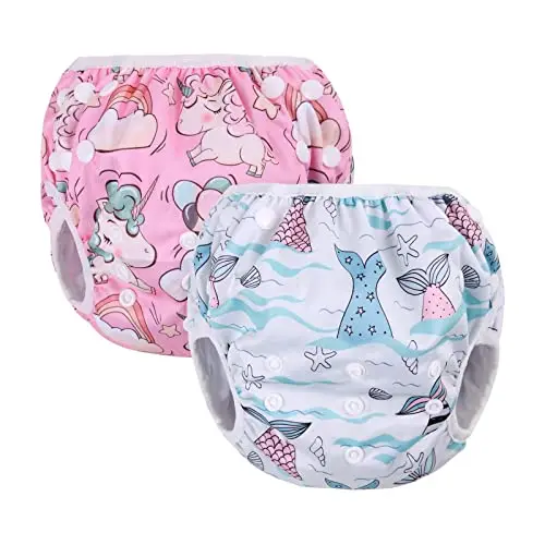 Vicloon Couches de Bain,2pcs Couches Lavables,Couche de Bain Reutilisable,Couche de bains lavable pour Bébé,Lavable et Ajustable Anti-Fuite Imperméable Étanche pour Bébé Fille et Garçon