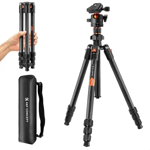 K&F Concept Trépied Carbone,Trépied Appareil Photo, 162CM Trepied Léger Voyage, Trépieds Caméra Compact avec 360° Rotule Ball et Plaque de Dégagement Rapide pour Appareils Photo/DSLR(Seul 1.13KG)