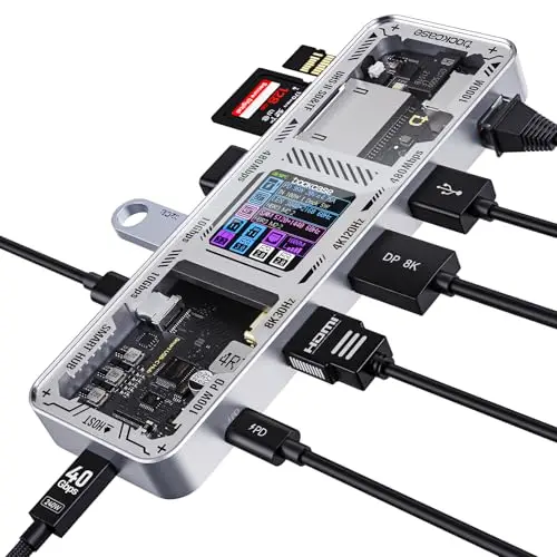 DOCKCASE Hub USB-C 10-en-1 avec Écran Intelligent, Station d’Accueil Double Écran 4K@60Hz, HDMI/DP 8K, PD 100W, Ethernet Gigabit, USB 3.2 10Gbps, UHS-II SD/TF pour MacBook, Steam Deck, Argenté