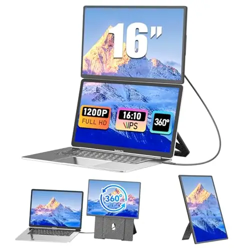 Moniteur Portable, Upgraded 16" FHD 1200P Extension D'écran pour Ordinateur Portable, réglable de Haut en Bas et 360°, Travel Monitor pour Ordinateur Portable, écran Portable pour Windows/PC/Mac