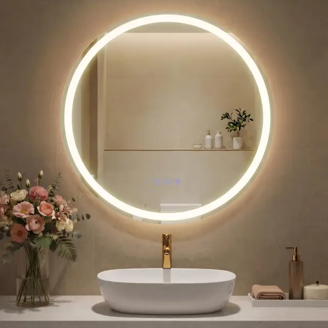 SONGMICS Miroir de Salle de Bain avec Éclairage, Miroir Mural Rond, Anti-buée, Température et Luminosité Réglables, pour Coiffeuse, Chambre, 61 cm, Blanc Nuage LWM211WC02