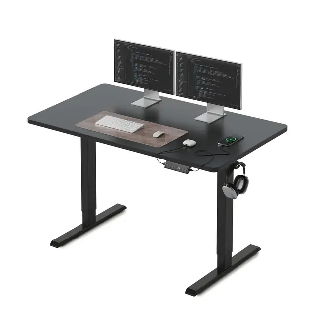 FEZIBO Bureau réglable en Hauteur, Plateau Monobloc, 100 x 60 cm, Bureau Assis Debout avec Ports de Charge USB-A et USB-C, Standing Desk, Noir