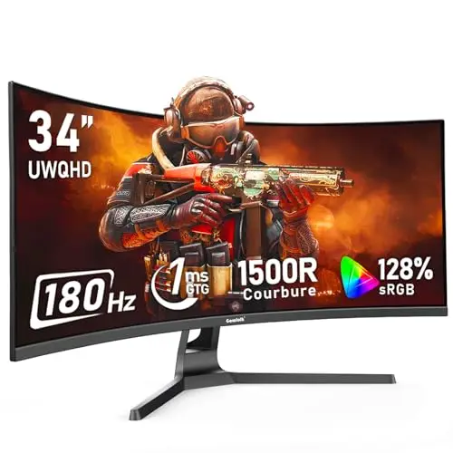 Gawfolk Écran PC Ultra Large 34 Pouces 1500R incurvé 180Hz Gaming Computer Moniteur,21:9 UWQHD(3440x1440),128% sRGB,FreeSync,HDR,178 ° Angle Vue,DisplayPort、HDMI,VESA 75 * 75MM-Noir
