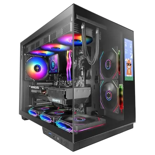 Mars Gaming MC-Mirage, Boîtier Gaming ATX, Écran LCD IPS 7,2” Personnalisable, Verre Trempé Continu Frontal et Latéral, Structure Double Chambre, Support Watercooling Jusqu’à 360mm, Noir