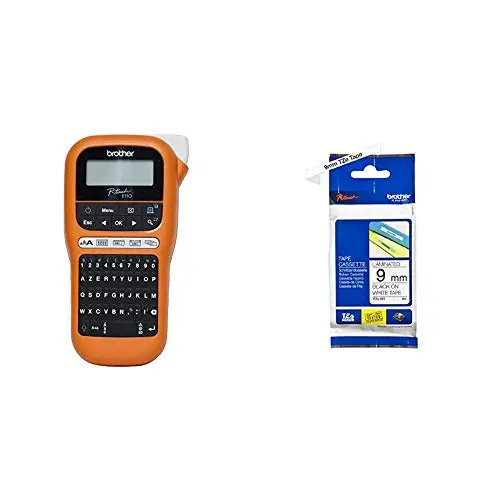 Brother - Pack PT-E110 Etiqueteuse Professionnelle Industrielle + TZe-221 | Rruban original Laminé | Noir sur fond Blanc | 8M | 9 mm