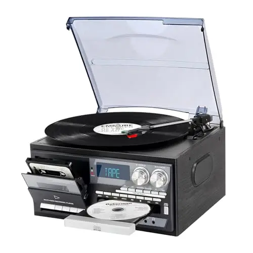 Platine Vinyle 9-en-1 Vintage avec Bluetooth, Tourne-Disque 3 Vitesses, Lecteur CD & Cassette, Radio AM/FM, Encodage USB/SD, Entrée AUX & Sortie RCA