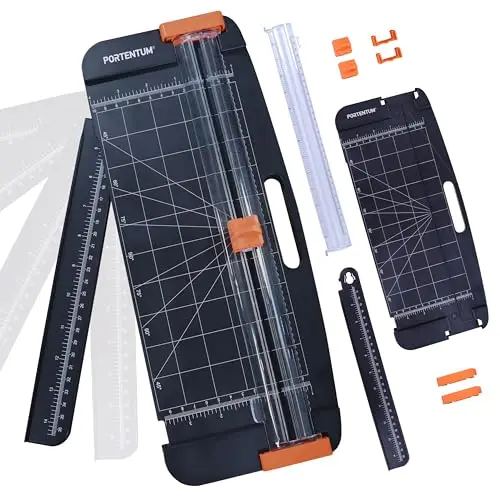 PORTENTUM Massicot A4 avec rainurage et règle extensible amovible – Coupe papier portable avec butée réglable et coupe diagonale en angle – Guillotine pour loisirs créatifs et bureau – 12 feuilles