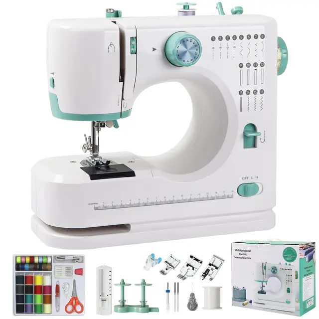 Machine à Coudre Portable Débutant, Qoosea 16 Modèles de Points Différents Petite Machine à Coudre électrique avec Kit Accessoires, Couture Automatique Facile à Utiliser avec lumière LED