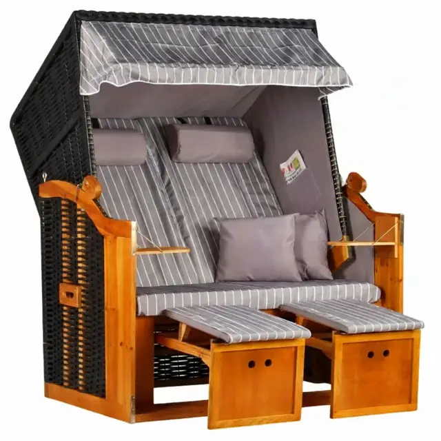 MR. DEKO Chaise de Plage en polyéthylène tressé avec 4 Coussins de Plage et 4 Coussins en Bois Dur et rotin synthétique pour Jardin, terrasse Motif Royal Gris.