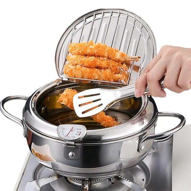 Friteuse japonaise en acier inoxydable avec thermomètre, friteuse Tempura avec couvercle et égouttoir, friteuse pour frites, ailes de poulet, crevettes et poisson (20 cm)