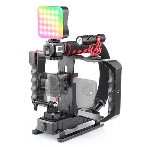 Zeadio Kit de Stabilisateur de Caméra Smartphone, Support Vidéo Portable Main avec Éclairage Vidéo RVB et Microphone, Compatible avec Tous Les Smartphones Caméra Caméscopes Caméras d'action etc