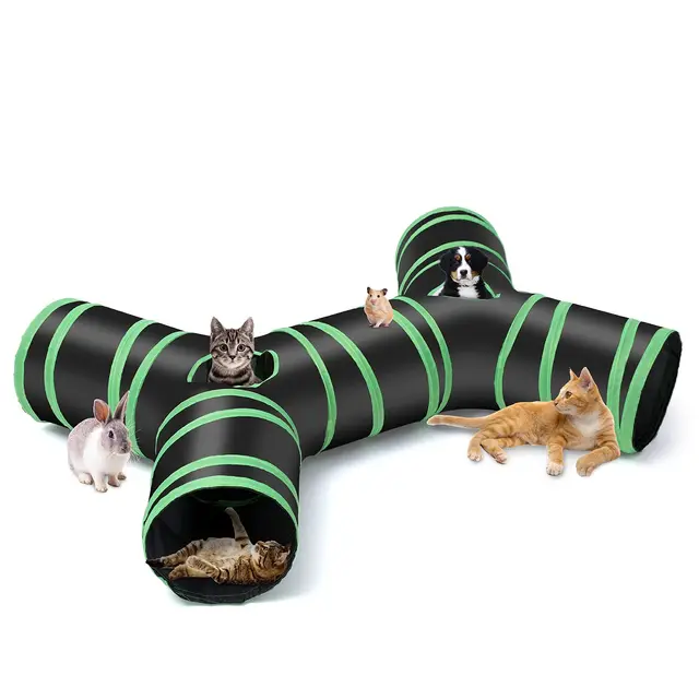 Tunnel de chat de type osseux amélioré, Tube de tunnel de jeu pliable à 4 voies pour chat avec sac de rangement pour chats, chiots, lapins, furets, cochons d'Inde, utilisation intérieure et extérieure