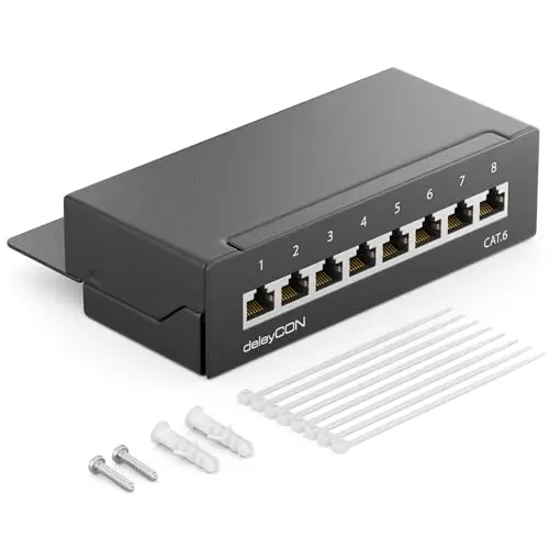 deleyCON CAT6 Panneau de Brassage 8 Ports Bureau & Montage Mural - Blindé - Prise 8x RJ45 - TIA568A TIA568B - Noir Pour Ordinateur