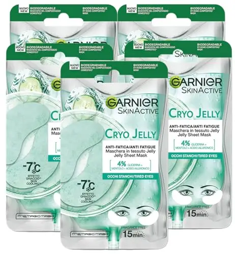 Garnier SkinActive Cryo Jelly Masque contour des yeux en tissu biodégradable anti-fatigue effet glace avec acide hyaluronique compte cernes formule végétalienne – 5 boîtes de 1 application
