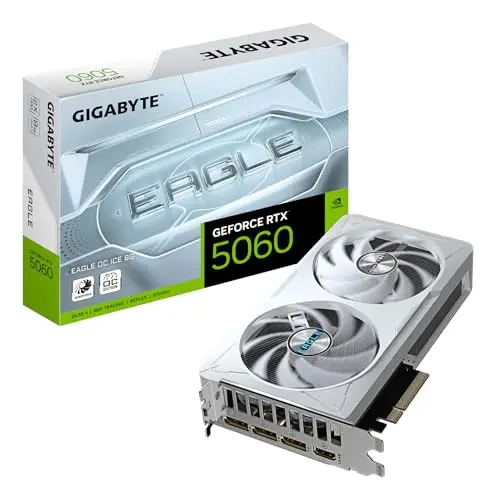 GIGABYTE GeForce RTX 5060 Eagle OC Ice 8G Carte Graphique - 8GB GDDR7, 128bit, PCI-E 5.0, 2550 MHz Fréquence du cœur, 3 x DisplayPort, 1 x HDMI, GV-N5060EAGLEOC ICE-8GD
