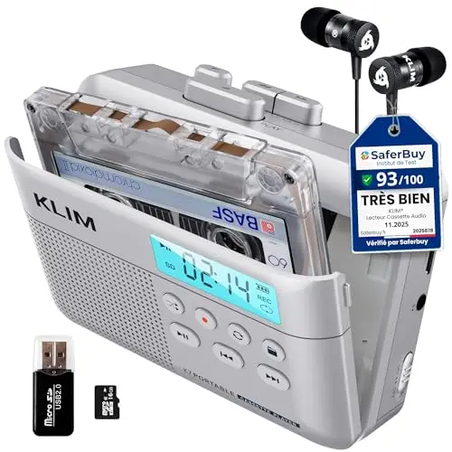Cassette Player KLIM K7 - Lecteur Cassette Audio - Convertisseur Audio en MP3 - Microphone et Haut-Parleur intégrés - Batterie Rechargeable - Ecouteurs - Carte SD 16GB - Argent