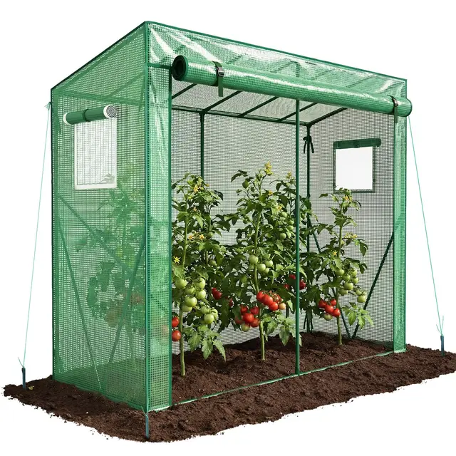 VOUNOT ® Serre de Jardin à Toit Incliné Serre à Tomate avec Grande Porte et 2 Fenêtres pour Légumes Plantes Fleurs Bâche PE Renforcée 135g/m2 Protéger Vos Plantes en Toutes Saisons 200x77x170cm Vert