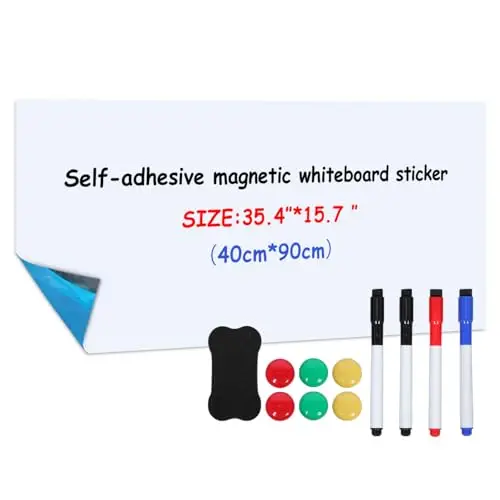 Tableau Blanc Magnétique Autocollant 40×90cm, Tableau Blanc Effaçable Mural avec Nouvelle Technologie Antitache, Tableau Magnétique Mural, Idéal pour Enfants, École, Bureau et Maison.