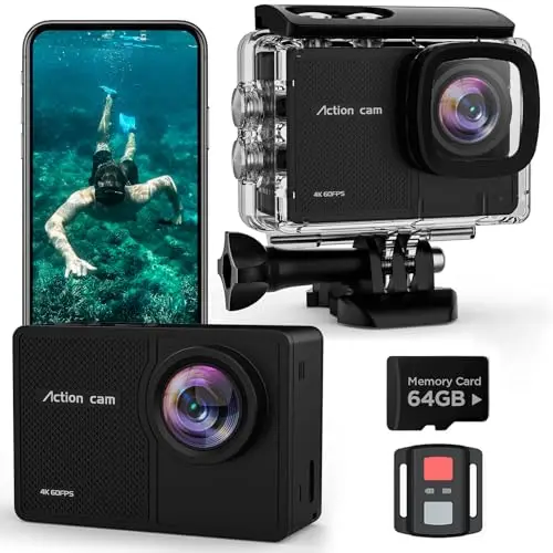4K60FPS Caméra Sport- Caméra Étanche avec Carte SD 64G 48MP HD WiFi Camera with EIS, Caméras Embarquées with 2 * 1350 mAh Batteries Télécommande 2.4G,Kit d'Accessoire