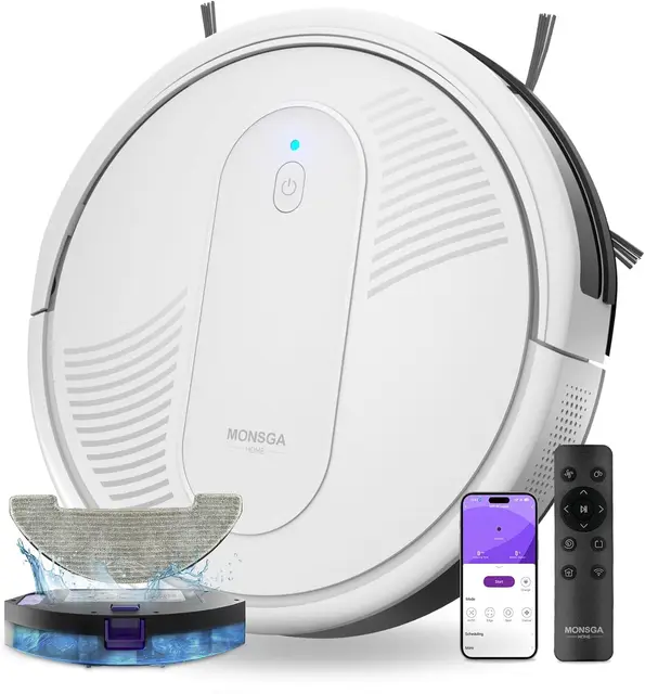 MONSGA Aspirateur Robot 4000Pa 140min 83mm Hauteur, 3 en 1 Robot Aspirateur Laveur, Recharge Automatique, Anti-Enchevêtrement, pour Sols Durs Tapis Dessous de Meubles, Blanc