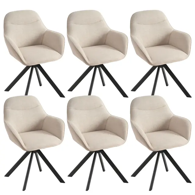 Lot de 6 Chaises Pivotante 360°, Chaises Beige Salle à Manger avec Accoudoirs, Chaises Fauteuil Rembourrées en Lin avec Pieds en Métal pour Cuisine Salon