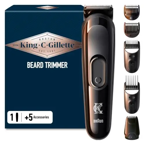 Gillette King C Tondeuse Electrique Pour Hommes, Sans Fil Avec Lames Affûtées Inusables, Tête Lavable, Coffret Avec 4 Sabots Différents Pour Rasage De La Barbe De 3 Jours, Courte, Moyenne Et Longue