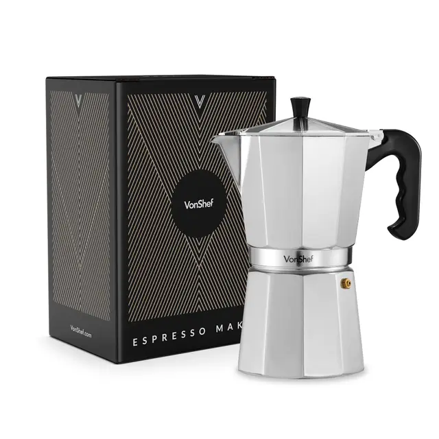 VonShef Cafetière Italienne - Cafetière Moka en Aluminium 12 Tasses - Pour Cuisinière à Gaz et Électrique - 600 ml - Joint et Filtre de Remplacement Inclus