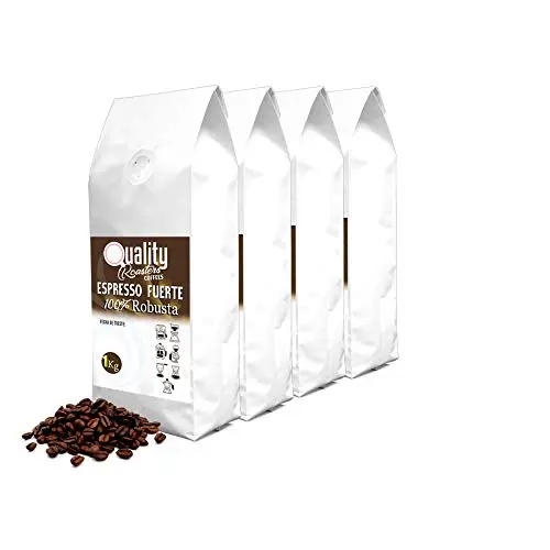 Quality Roasters Coffees. Grains de café naturel "Espresso Fuerte". 100% Robusta. Pack de 4 Kg. Rôti à la main. Rôti moyen. 4 x 1 Kg