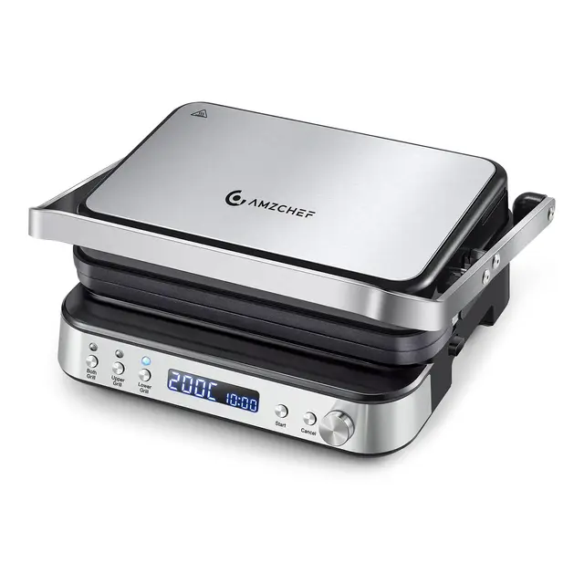 AMZCHEF Gril de contact multifonctionnel 4 en 1, Grille, Gaufrier & SandwichMaker avec 4 plaques amovibles antiadhésives, temps et température personnalisés,Indicateur LED,Gril santé 2000W-Argent