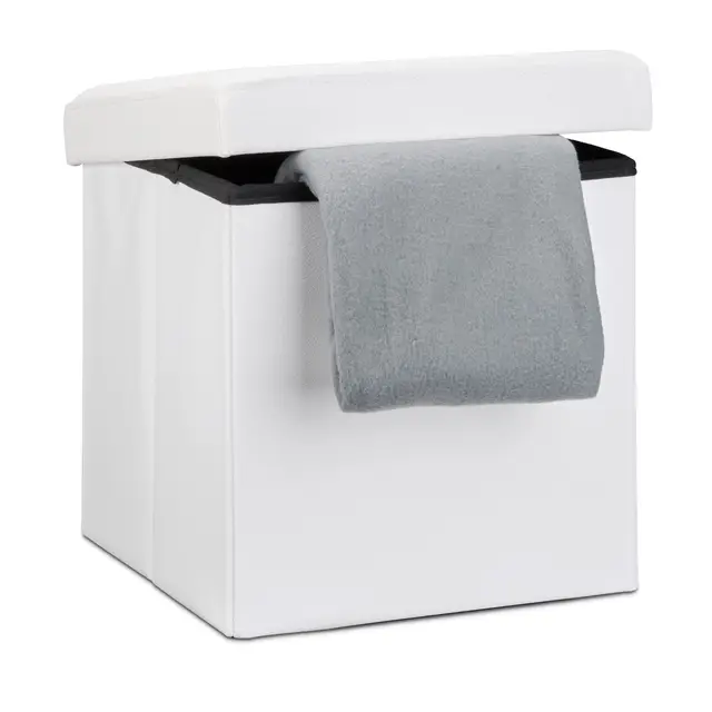 Relaxdays 10019043 Tabouret pliant en similicuir pouf de rangement pliable repose-pieds de stockage carré 38 x 38 x 38 cm avec couvercle amovible assise table ottoman coffre chaise, blanc