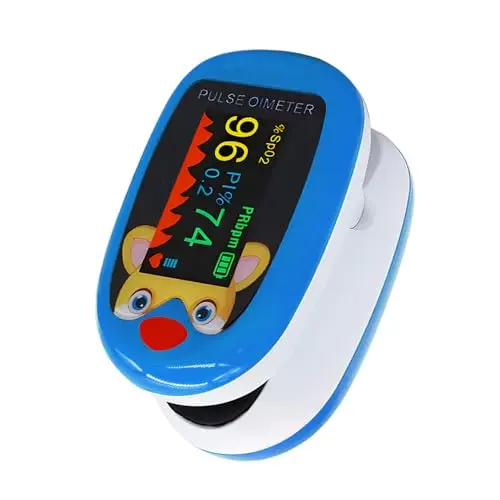 Oxymètre de Doigt, Oxymètre de Pouls Enfant pour 2-12 Ans, Oxymetre de Doigt Professionnel avec Écran Couleur, Affichage des 4 Directions, Mesure de SpO₂ Pouls PI (Bleu)