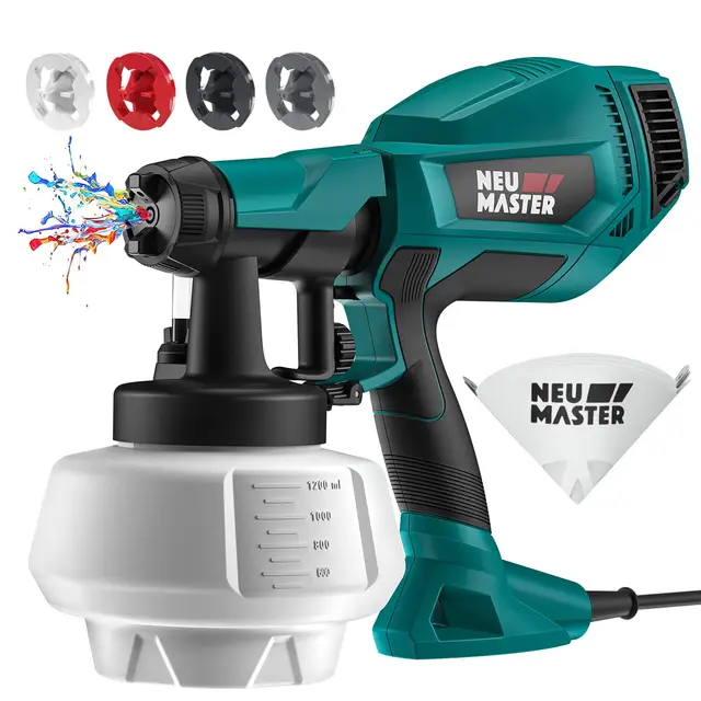 NEU MASTER Pistolet a Peinture Amélioré, Pistolet à Peinture Électrique, [500W/1200ml/4 Buses/3 Modèles] Pistolet électrique HVLP pour Intérieur et Extérieur de Maison, Armoires, Clôtures, Plafonds