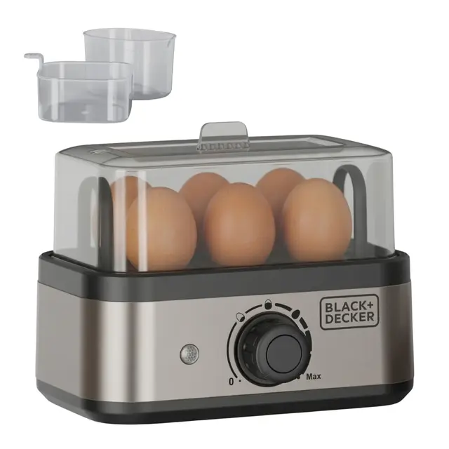 Black+Decker - cuiseur d'œufs électrique 400 W | capacité 6 œufs | 3 niveaux (à la coque/mollet/dur) | arrêt automatique | signal sonore | accessoire œufs pochés | compatible lave-vaisselle