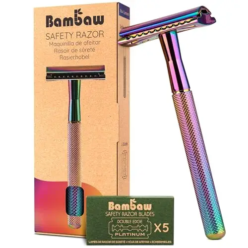 Bambaw Rasoir de Sureté Homme en Métal avec 5 Lames de Rechange, Pour un Rasage Manuel Précis et Propre, Rasoir Une Lame Homme Réutilisable au Design Équilibré (Multicolore)
