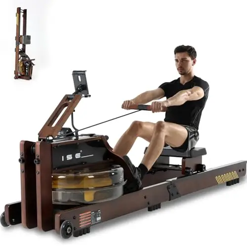 ISE Rameur Pliable à Eau Fitness, Rameur d'Appartement Pliable Maison/Bureau, avec Pompe à Eau, Niveau Résistance 30KG Maxi, Écran LCD, Siège Réglable, Water Rowing Machine Roue Transport Rail Lisse