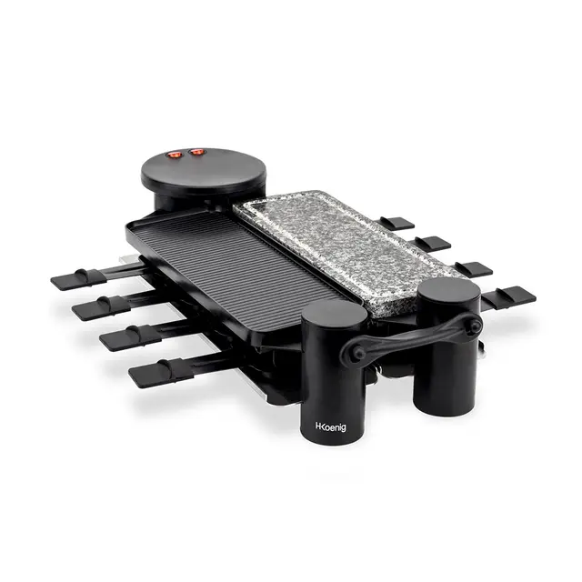H.Koenig Appareil à raclette Multifonction 8 personnes RP360, modulable rotatif 360°, Professionnel, Pierre Naturelle, Grill, Raclette fromage fondue, 8 poêlons antiadhésifs, Plaques amovibles