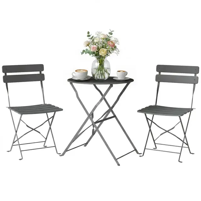 Outsunny Ensemble Bistrot de Jardin 3 Pièces san Montage - Table et 2 Chaises Pliantes à Lattes en Métal avec Double Protection Antirouille - Mobilier de Balcon et Terrasse Chic, Gris