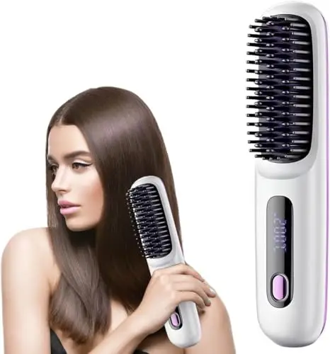 Brosse Lissante pour Cheveux, Brosse Lissante Sans Fil, Portable Rechargeable avec Revêtement Céramique et 3 Niveaux de Température pour les Voyages et la Vie Quotidienne