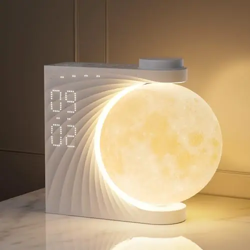 RETEYUNG Lampe de Lune avec Réveil Lumineux, 2 Réveils, Lumière Lunaire RGB 8 Couleurs, 10 Sons Naturels, Veilleuse 3 Niveaux de Luminosité Lampe de Chevet pour Femmes.(rotation manuelle)