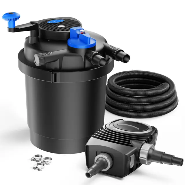 SunSun Kit complet: CPF-2500 Filtre de bassin à pression jusqu’à 6000 L avec 11 Watt lampe uv, NEO3800 SuperEco pompe 3600l/h 20W, 5m Tuyau 32 mm (1 1/4"), collier de serrage W1 44-47mm