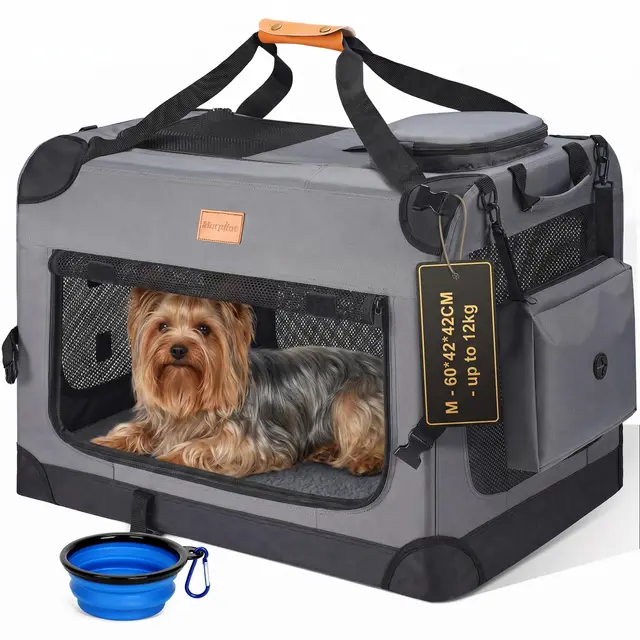 Morpilot Grand Sac de Transport pour Chien et Chat – Cage de Voyage Pliable à côtés Souples pour Chien de 12 kg Maximum avec gamelle Pliable, bandoulière et Poches de Rangement, Gris,M