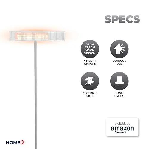 HOME It® Support de sol réglable pour chauffage de terrasse – 52 à 188,5 cm – Tube en acier robuste – Réglage en hauteur – Chauffage au-dessus/sous table