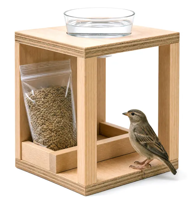 Mangeoire Oiseaux Extérieur en Bois Fait Main avec Compartiments Abreuvoir Et Plateau Amovible pour Oiseaux Sauvages avec Sachet 70g De Nourriture Jardin Naturel