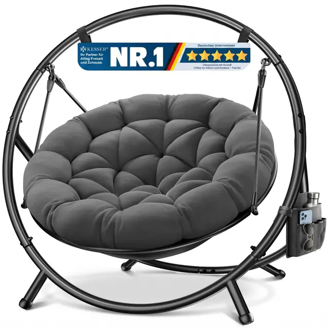 KESSER Fauteuil suspendu avec cadre Bali, balançoire suspendue jusqu'à 150 kg, pour intérieur et extérieur, coussin et poche latérale, panier suspendu, structure en acier et rembourrage en mousse